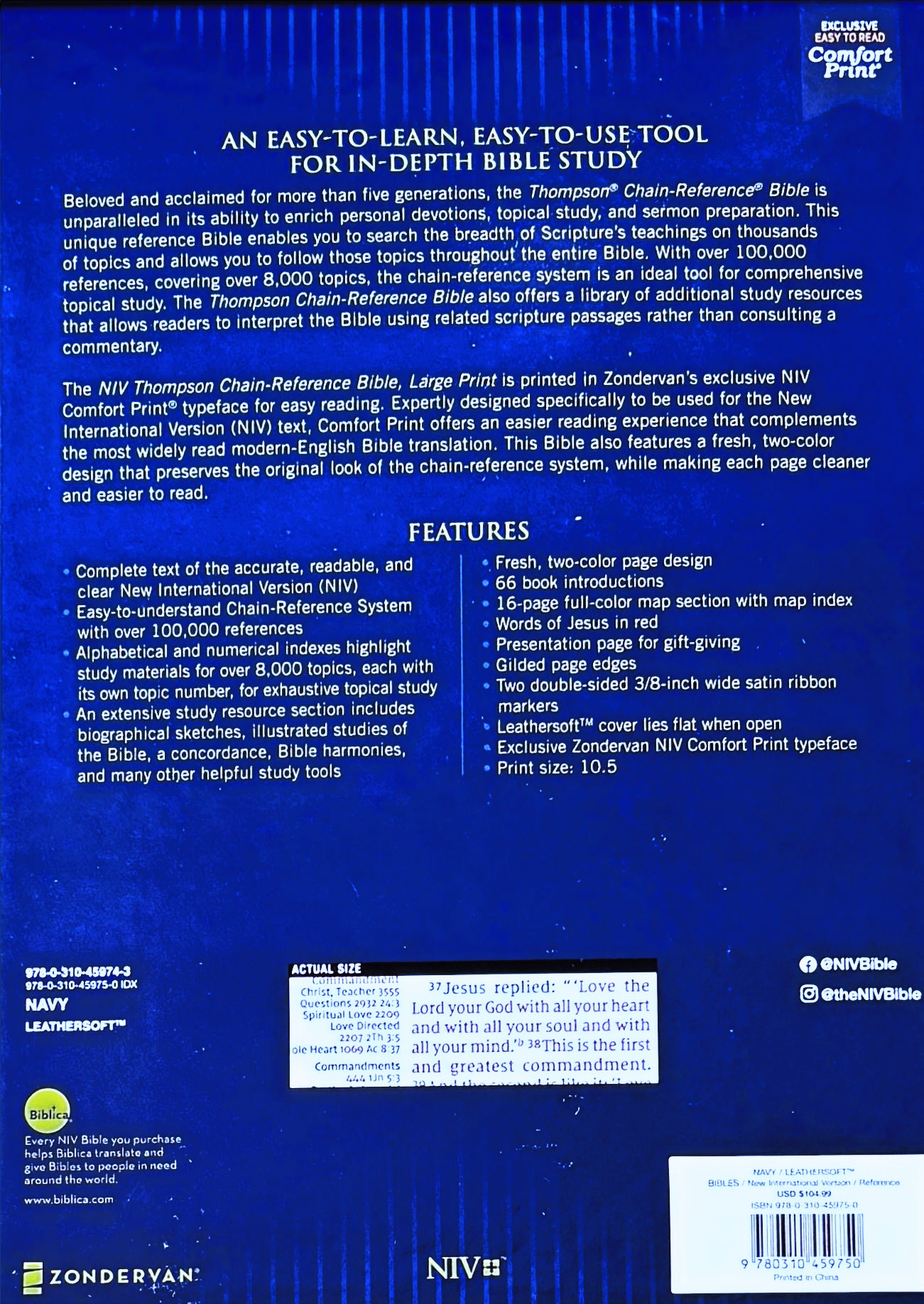 NIV, Thompson Chain-Reference Bible, Large Print, Leathersoft, Navy, Thumb Index image 1