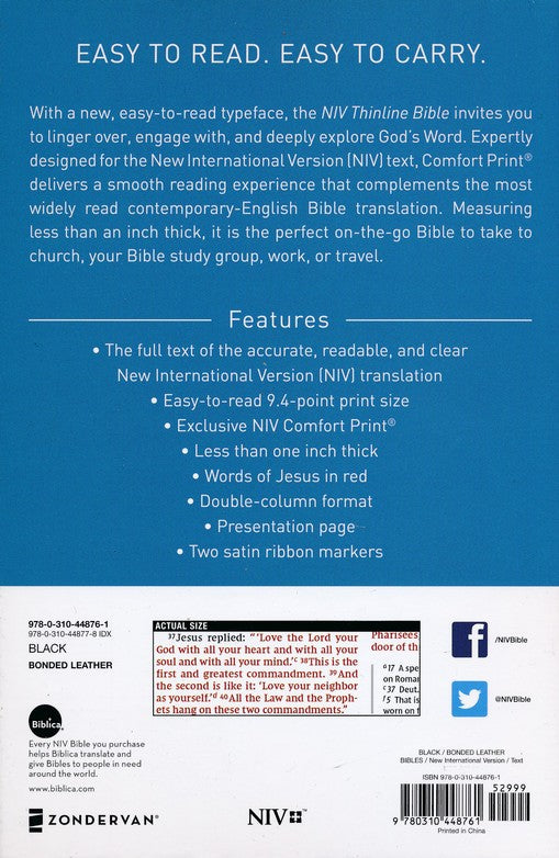 NIV Thinline Bible Bonded Leather Black, Red Letter Edition image 1