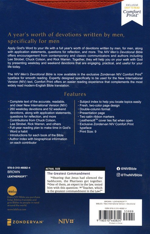 NIV Men's Devotional Bible, by Men For Men Leathersoft Brown image 1