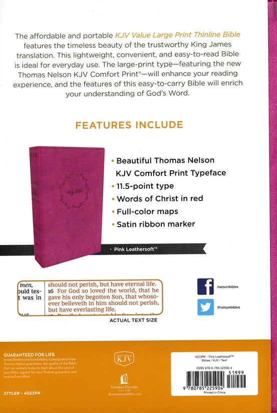 KJV Value Thinline Bible, Large Print, Leathersoft, Pink, Red Letter Edition image 1