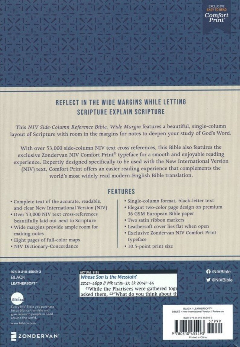 NIV, Wide Margin Side Column Reference Bible, Note Space, Leathersoft Black image 1